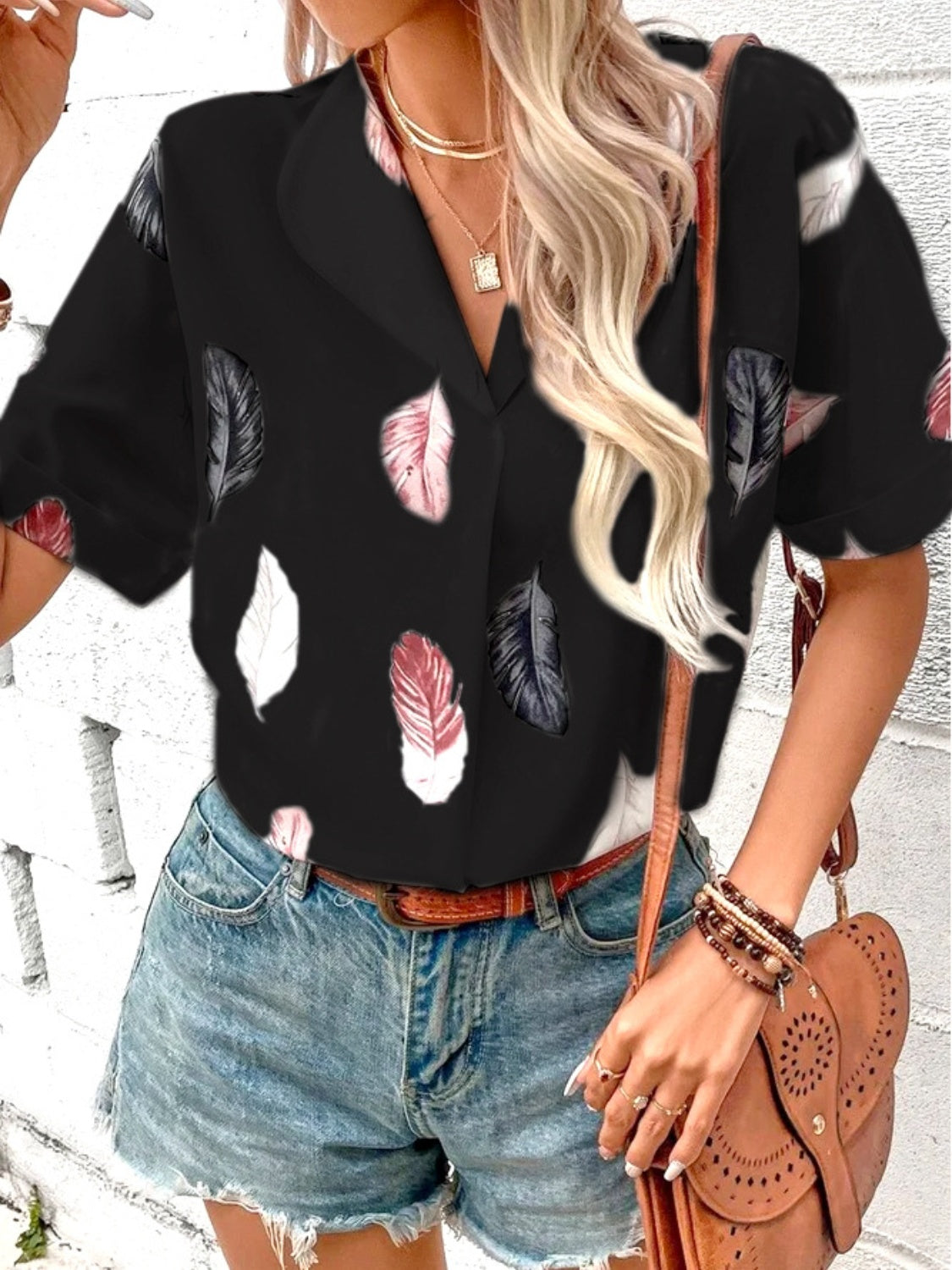 Full Size Printed Collared Neck Short Sleeve Blouse