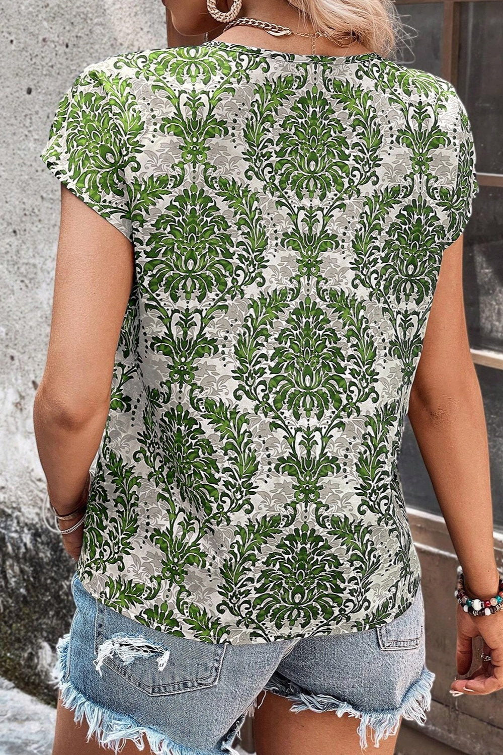 Cutout Printed Short Sleeve Blouse