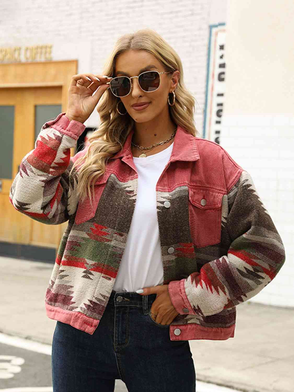 Printed Dropped Shoulder Long Sleeve Denim Jacket